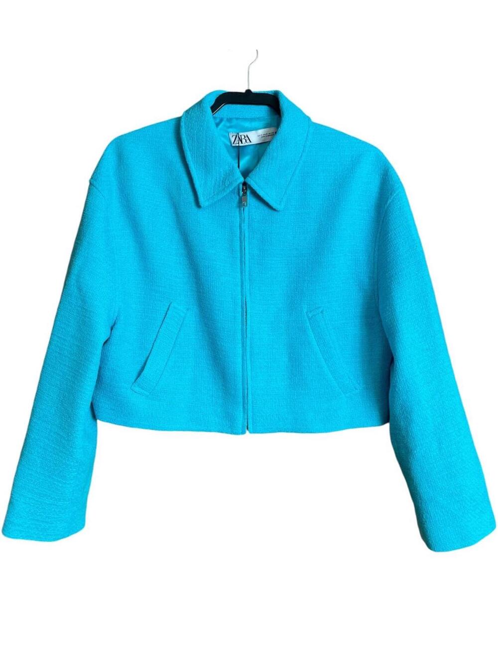 Zara Collared Crop Textured Bomber Jacket in sky blue